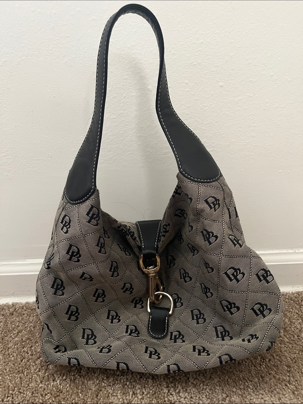 Monogram Shoulder Hobo Bag in Taupe and Black